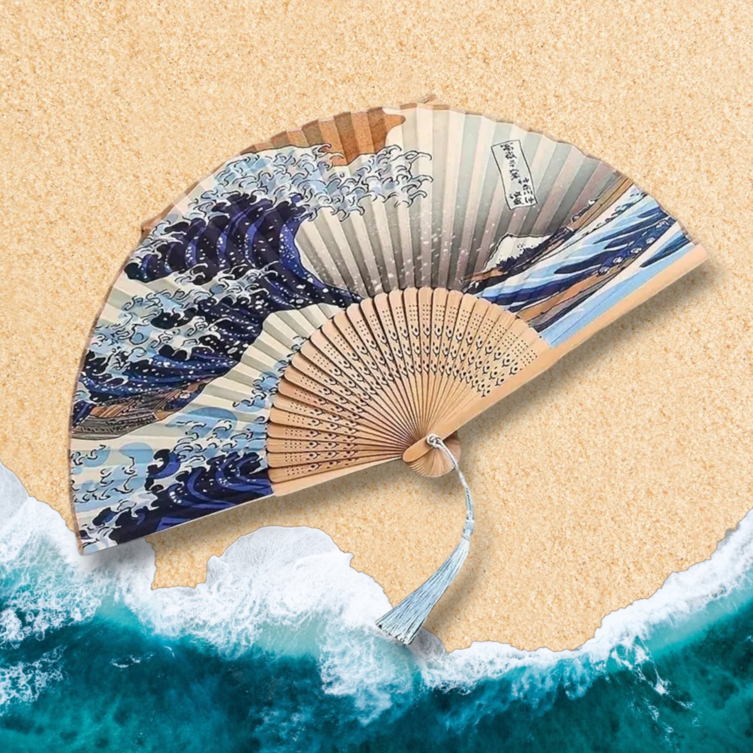 ★購入前コメント★fanakapanシルクスクリーン ファナカパン ハイファイブ Japanese Folding Fan, Silk Hand Fan, Hokusai Wave Over Kanagawa