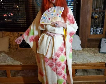 Gorgeous Shibori Silk Furisode Kimono, Bridal Japanese Wedding Kimono, Spring Colors Floral Cream White w/ Pink Green Flowers