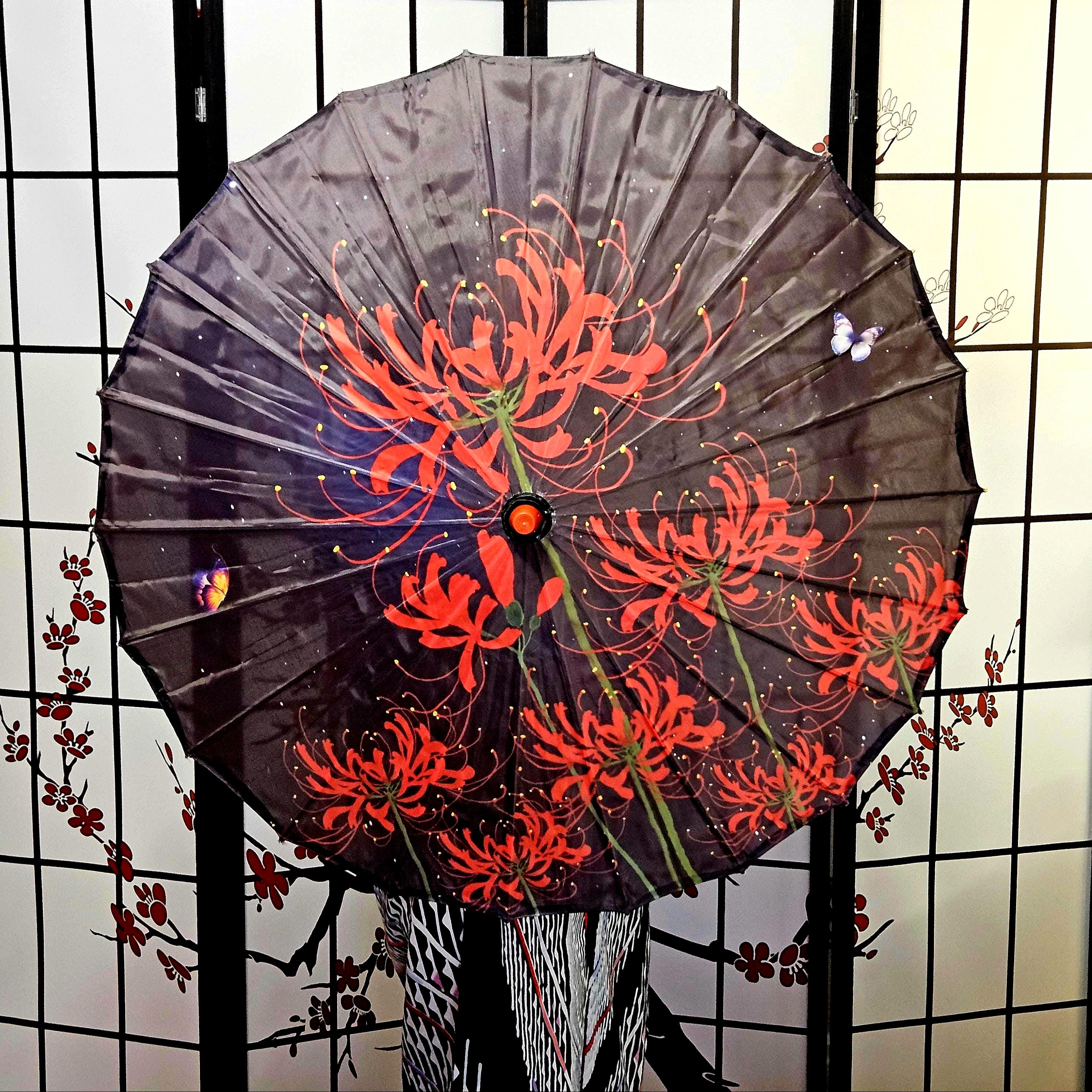 Black and Red Asian Parasol, Goth Sun Umbrella With Red Spider