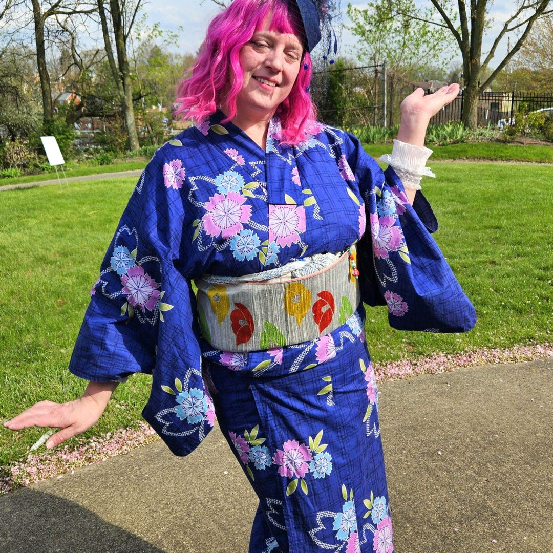 Japanese Cotton Yukata, Pink & Blue Sakura Floral Print, Indigo