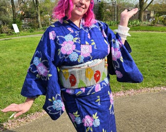 Japanese Cotton Yukata, Pink & Blue Sakura Floral Print, Indigo