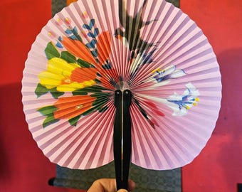 Cute Asian Folding Fan Bird Flowers, Pocket Paper Pink Hand Fan, Song Bird Colorful Flowers Blue Red Yellow, Chinese Fan, Concert Travel Fan