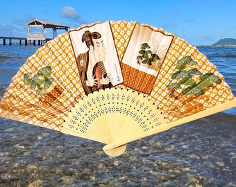 Japanese folding fan with Samurai Warrior, Concert Festival Fan, Silk Bamboo Sensu Ukiyo-e Art, Samurai Costume accessory, Japan gift him