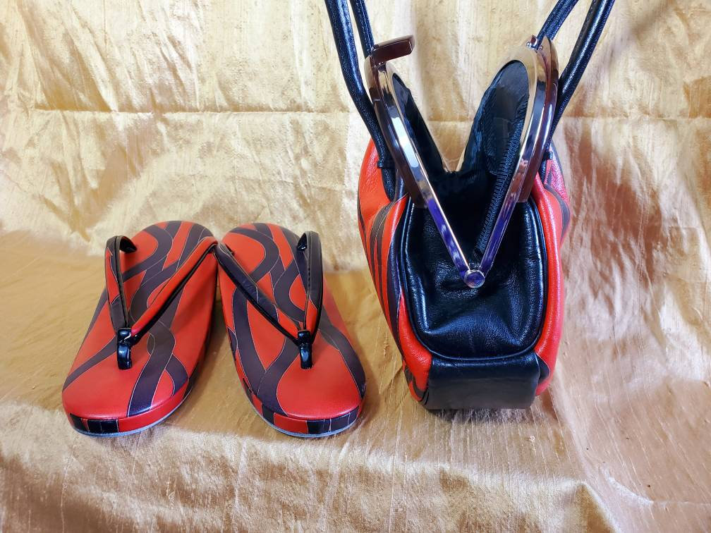 Vintage Red Kimono Handbag and Zori Sandal Set, Japanese Matching