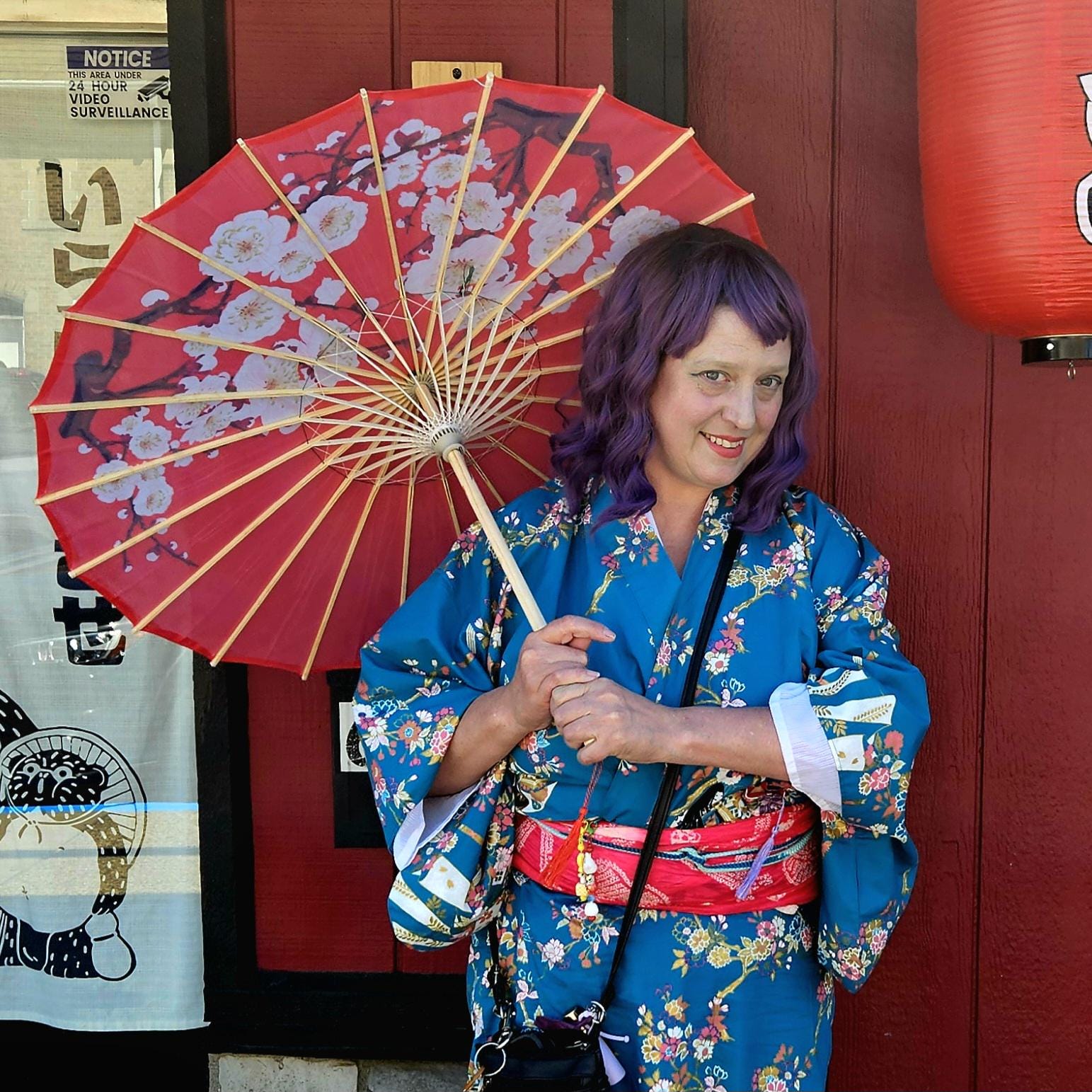 Red Silk Parasol, Japanese Wagasa Umbrella, White Ume Blossoms