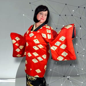 Stunning Red Silk Japanese Kimono Jacket, Shibori White Diamonds Colored Dots, Vintage Michiyuki Kimono Cardigan, Women Evening Jacket, L