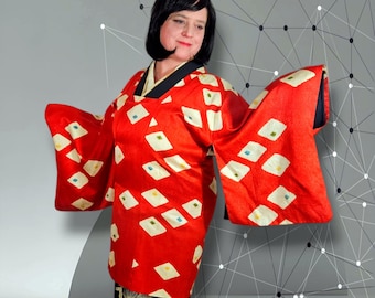 Stunning Red Silk Japanese Kimono Jacket, Shibori White Diamonds Colored Dots, Vintage Michiyuki Kimono Cardigan, Women Evening Jacket, L
