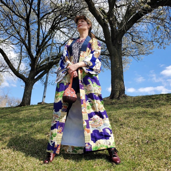 Vintage Womens Kimono, Boho Kimono Robe, Blue and… - image 1