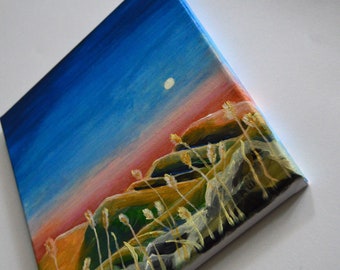 Peinture acrylique de paysage de montagne : art de la ligne d'horizon pour la décoration intérieure - oeuvre d'art artisanale