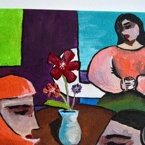 Peinture acrylique originale sur toile PAUSE CAFÉ, peinture acrylique femmes prenant un café image 4