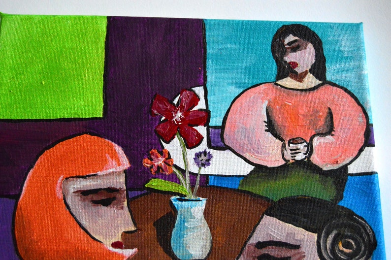 Peinture acrylique originale sur toile PAUSE CAFÉ, peinture acrylique femmes prenant un café image 4