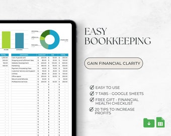 Small Business Bookkeeping Template, Easy Income and Expense Tracking, Tax Planning, Profit Calculation Spreadsheet Google sheets accounting