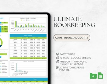 Small Business Easy Bookkeeping Spreadsheet, Accounting profit and loss calculator template, Income and expense form tracker, Money saving