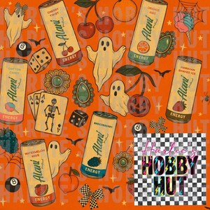 May include: Orange background with a repeating pattern of energy drink cans, cherries, ghosts, playing cards, dice, and other decorative elements. The cans are labeled with various flavors. The text "Harli's HOBBY HUT" is in the bottom right corner.