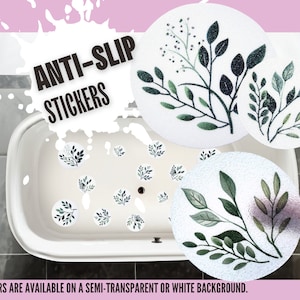 May include: White bathtub with green leaf anti-slip stickers. The stickers are round and have a white background with a green watercolour leaf design. The text "ANTI-SLIP STICKERS" is written in black on a white background.