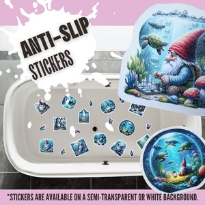 May include: Anti-slip bath stickers featuring a gnome playing chess underwater with a turtle. The stickers are available on a semi-transparent or white background.