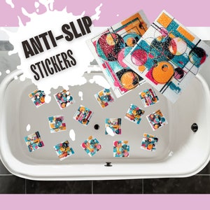 May include: Square anti-slip stickers with colorful abstract designs are displayed in a white bathtub. The stickers feature geometric shapes and a mix of colors, including orange, blue, and pink. The text "ANTI-SLIP STICKERS" is visible.