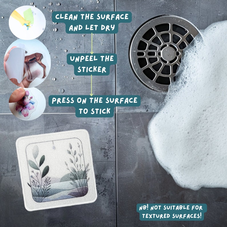 ANTI-SLIP STICKERS, 12 Biophilic Design Decor Appliqués, Waterproof Non Slip Safety Decal for bathtubs, shower & other slippery surfaces