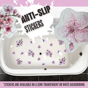 May include: White bathtub with pink floral anti-slip stickers. The stickers are available on a semi-transparent or white background. ANTI-SLIP STICKERS.