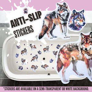 Pode incluir: Adesivos antiderrapantes para banheira com design de lobo. Os adesivos estão disponíveis em um fundo semitransparente ou branco.