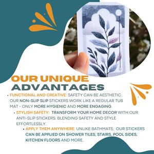 ANTI-SLIP STICKERS, 12 Biophilic Design Decor Appliqués, Waterproof Non Slip Safety Decal for bathtubs, shower & other slippery surfaces