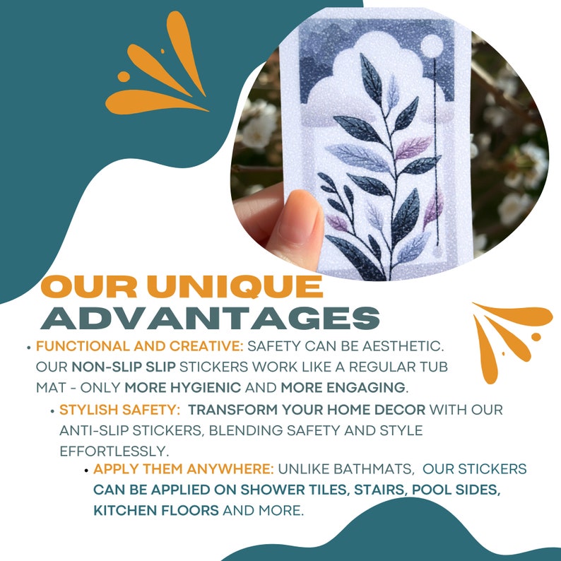 ANTI-SLIP STICKERS, 12 Biophilic Design Decor Appliqués, Waterproof Non Slip Safety Decal for bathtubs, shower & other slippery surfaces