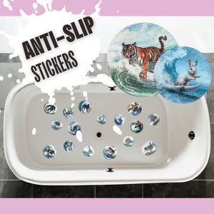 May include: White bathtub with a variety of colorful anti-slip stickers featuring animals surfing on waves. The stickers are round and have a glossy finish. The text "ANTI-SLIP STICKERS" is written in black on a white splatter background.