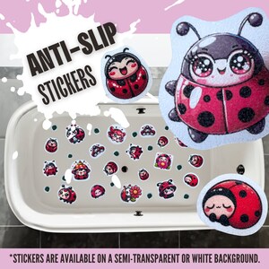May include: A white bathtub with a variety of red and black ladybug stickers on the bottom. The stickers are anti-slip and have a semi-transparent or white background. The text "ANTI-SLIP STICKERS" is written in white on a white background.