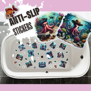 Könnte beinhalten: Anti-Rutsch-Aufkleber mit Unterwassermotiven, darunter Oktopusse und Schätze. Die Aufkleber sind in einer weißen Badewanne angeordnet. Der Text "ANTI-SLIP STICKERS" ist in fetten, schwarzen Buchstaben zu sehen.