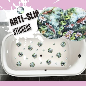 May include: White bathtub with a variety of round, colorful anti-slip stickers on the bottom. The stickers feature a watercolor design of koi fish and lotus flowers. The text "ANTI-SLIP STICKERS" is written in black on a white background.