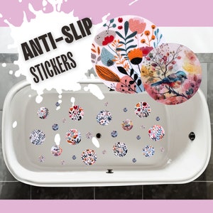 May include: Anti-slip stickers for a bathtub with a floral design. The stickers are round and feature a variety of flowers and leaves in shades of pink, orange, blue, and green. The text "ANTI-SLIP STICKERS" is visible in the top left corner of the image.