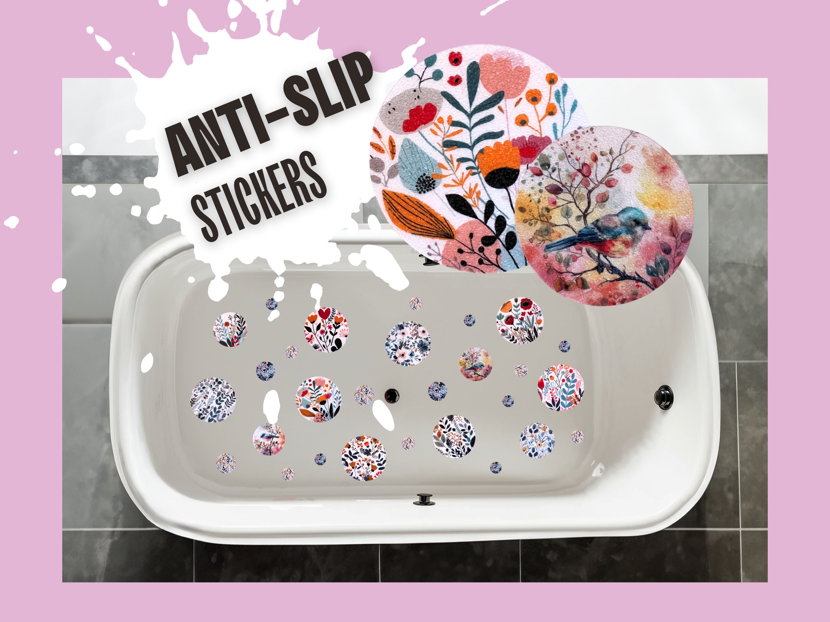ANTI-SLIP STICKERS, 28 pcs Vibrant Nature Designs, Alternative To Bath Mat, Aesthetic Non Slip Safety Decals For Bathtub, Shower, Tile Etc