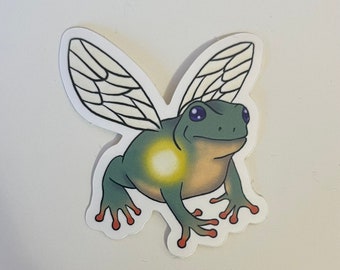 Pegatina de rana luciérnaga / pegatina impermeable de vinilo para computadora portátil, botella de agua, diario / arte de criaturas de hadas / rana encantadora mágica