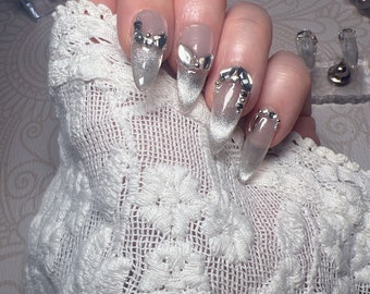 Elegant Crystal Cat Eye Press On Nails: Handmade Reusable Wedding Nails