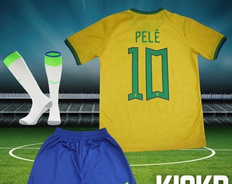 PELE Brasil 2022 Kids Soccer Jersey Kit | Limited Special Edition | Jersey Shorts Socks for Boys Girls Youth Sizes | Football Uniform