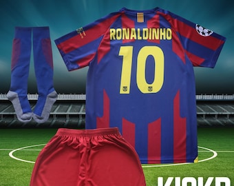 Ronaldinho Barcelona Kids Soccer Jersey Kit | 2005 Home Limited Special Edition | Jersey Shorts Socks for Boys Girls Youth Sizes | Football