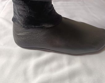 Cozy Black Leather Indoor Slippers, Soft Thermal Socks