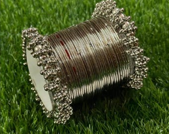 Oxidized Silver Ghungroo Bangle Set | Stackable Indian Churiyan with Beaded Kada | Boho Party Wear