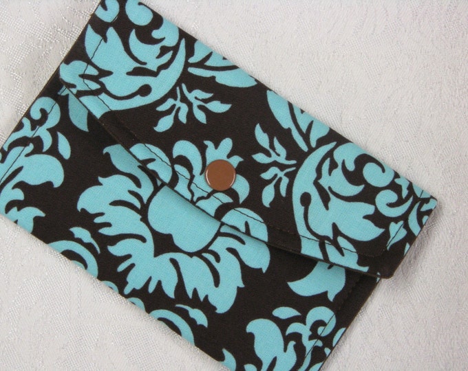Mini Wallet.. Card Holder.. Turquoise Blue and Brown Damask. Etsy