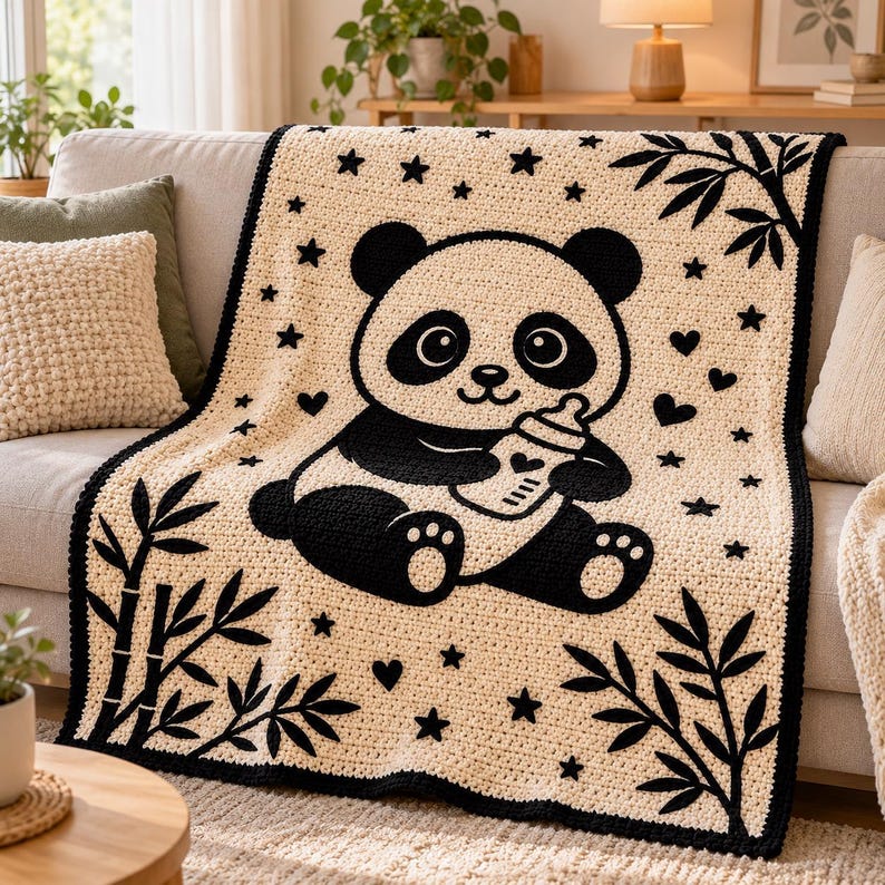 May include: A cream-colored crochet blanket featuring a large black and white panda bear holding a baby bottle. The design includes black bamboo stalks in the corners, scattered black stars, and small black hearts across the surface.