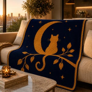 May include: A navy blue crochet blanket featuring a golden cat silhouette perched on a crescent moon and branch, with stars scattered across the background. The blanket is draped over a beige sofa, creating a cozy and decorative home accent.