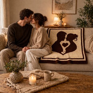 以下が含まれることがあります： ベージュのソファでキスをするカップル。カップルとハートのシルエットが描かれた装飾的なスローブランケット。木製のコーヒーテーブルには、キャンドル、マグカップ、小さな花瓶にグリーンが飾られています。