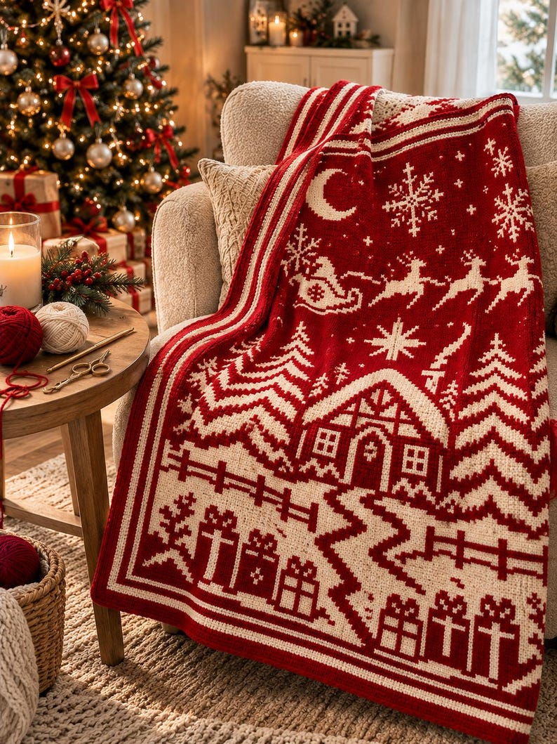 May include: A red and cream knit throw blanket featuring a festive holiday pattern with a central cabin, pine trees, a sleigh with reindeer, snowflakes, a crescent moon, and gift boxes along the bottom border, draped over a textured armchair.