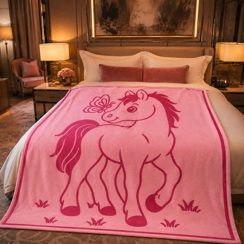 May include: A pink blanket with a cartoon horse and butterfly design. The horse is outlined in a darker shade of pink. The blanket is placed on a bed with white sheets. The blanket has a border.