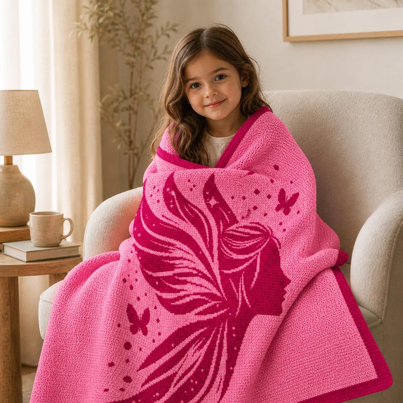 May include: A pink blanket with a fairy design. The blanket features a silhouette of a fairy with flowing hair and wings, along with butterfly and star accents. The blanket is wrapped around a person sitting in a chair.