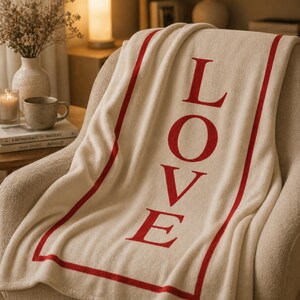 May include: Cream-colored throw blanket draped over a chair, featuring the word "LOVE" in large, red capital letters. The blanket has a red border and is made of a soft-looking material. The chair is beige.