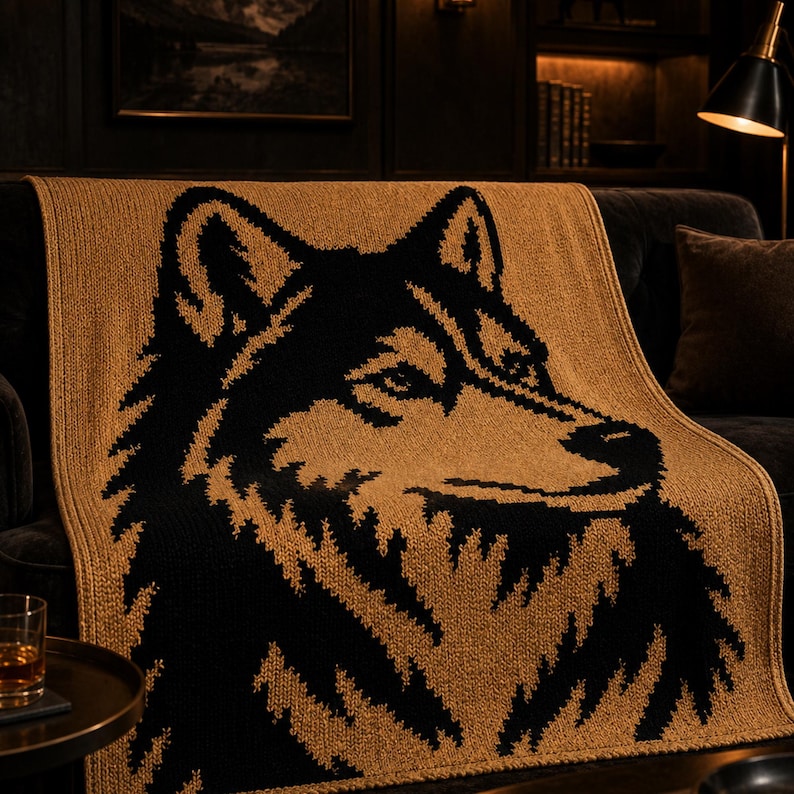 May include: A knitted throw blanket featuring a black wolf design on a tan background. The blanket is draped over a dark-colored sofa, showcasing the detailed wolf silhouette. The throw is made of a soft, textured material.