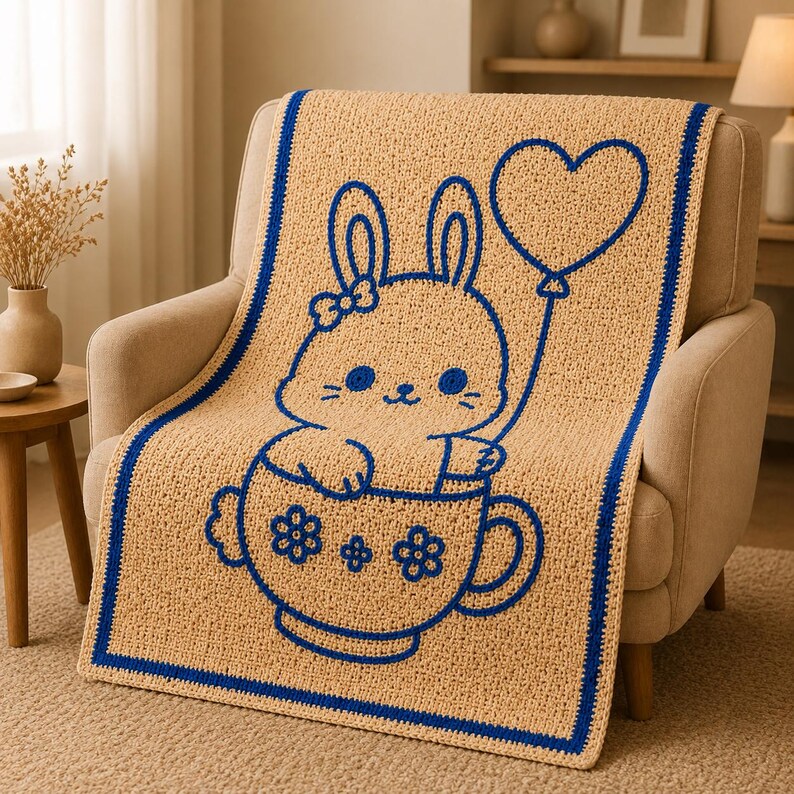 May include: A beige crochet blanket with a blue border and a blue cartoon bunny design. The bunny is in a teacup and holding a heart-shaped balloon. The blanket is draped over a beige armchair.