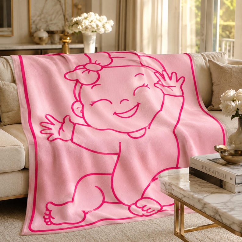Pu&ograve; includere: Una coperta rosa con una grande grafica di un bambino sorridente in un contorno rosa pi&ugrave; scuro. La coperta &egrave; drappeggiata su un divano beige. L'illustrazione del bambino ha un fiocco e agita le mani. La coperta ha un bordo rosa pi&ugrave; scuro.