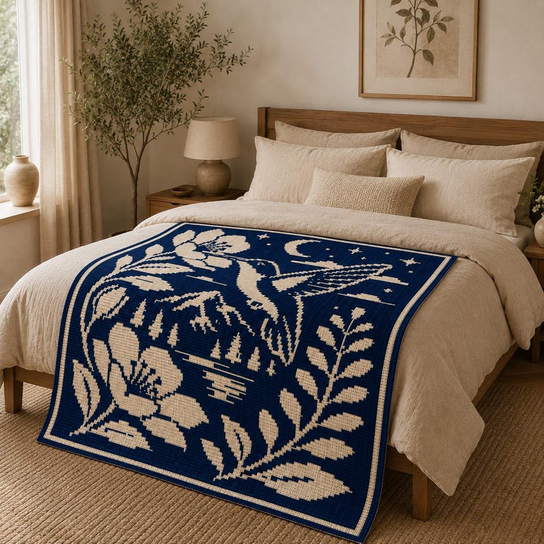 May include: A rectangular woven throw blanket featuring a dark blue background with a cream-colored pattern. The design depicts a hummingbird in flight, large flowers, foliage, a mountain range, a crescent moon, and stars in a grid-like texture.